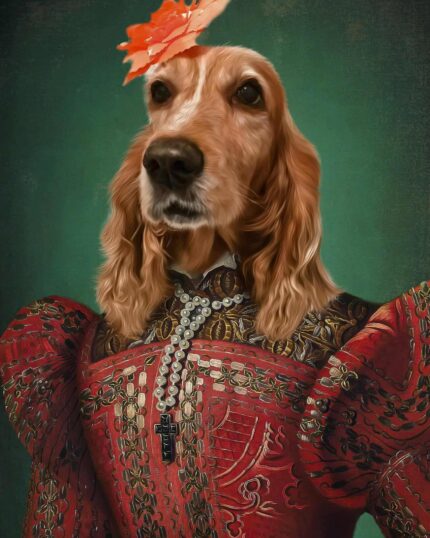 The Noble Red Lady #9 - Custom Design Pet Canvas features a long-haired, reddish dog in an ornate red dress with embroidery and pearls, adorned with a bright orange flower and set against a deep green background.