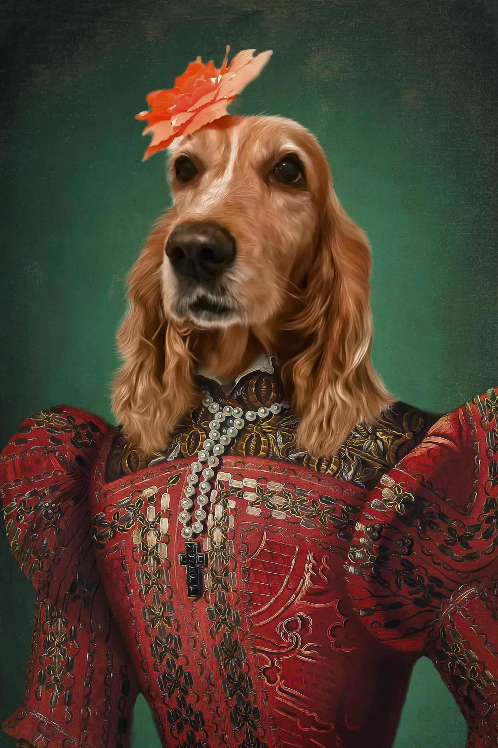 The Noble Red Lady #9 - Custom Design Pet Canvas Features A Long-Haired, Reddish Dog In An Ornate Red Dress With Embroidery And Pearls, Adorned With A Bright Orange Flower And Set Against A Deep Green Background. The Noble Red Lady #9 - Custom Design Pet Canvas features a long-haired, reddish dog in an ornate red dress with embroidery and pearls, adorned with a bright orange flower and set against a deep green background.