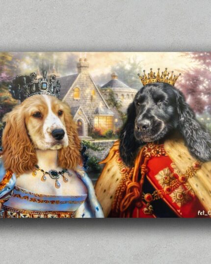 Two dogs dressed as royalty—a blue-gowned queen with a tiara and a red-robed king with a gold crown—pose before a castle in the Multiple Portraits #16 King and Queen custom pet canvas, perfect for regal, fairytale-themed pet portraits.