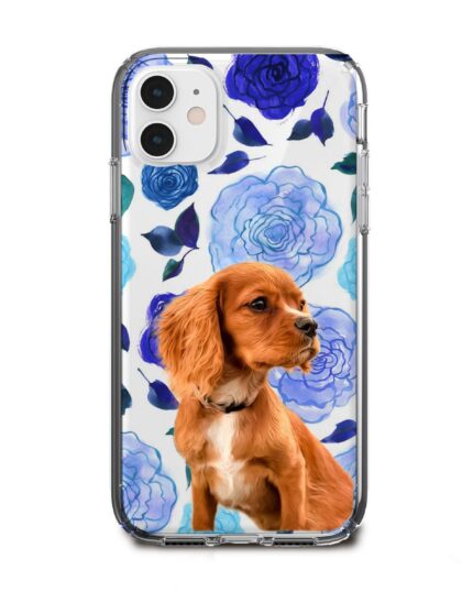mavi gül desenli köpekli telefon kılıfı