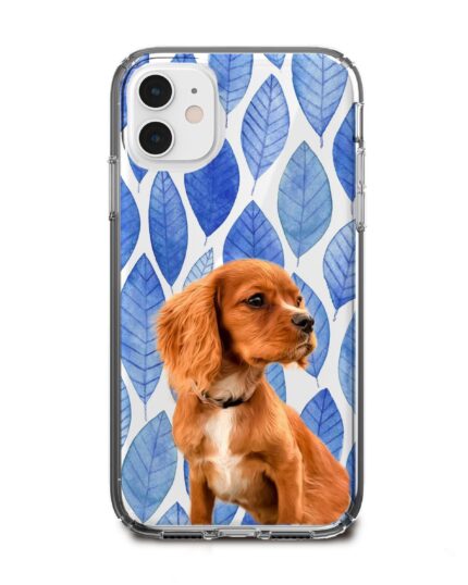 mavi yaprak desenli köpekli telefon kılıfı