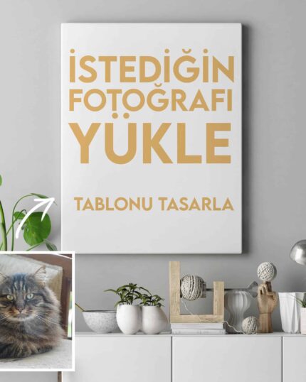 A sample room shows off lush decor and a framed poster with an inset of a fluffy brown tabby—perfect inspiration for creating your own pet canvas using our Design Your Canvas Print service.