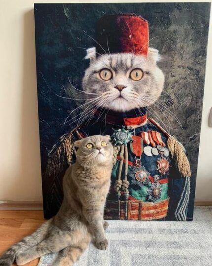 A gray cat sits in front of the Pop Art – Sky & Cloud Custom Pet Painting, which features a similar cat in military attire with medals and a red hat. The real cat looks up, mimicking the pose in the artwork.