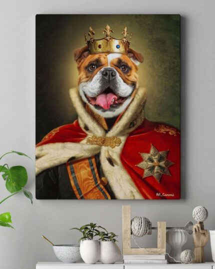 The King #9 - Special Design Pet Canvas features a regal bulldog in gold crown and robe above potted plants, adding whimsical modern charm to your space. Perfect for pet lovers seeking unique, royal-themed decor.