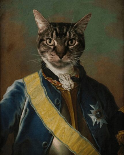 The Knight #9 - Custom Design Pet Canvas features a serious cat in an ornate royal outfit with a blue sash and medal—ideal for adding regal charm to your home with a personalized pet portrait.