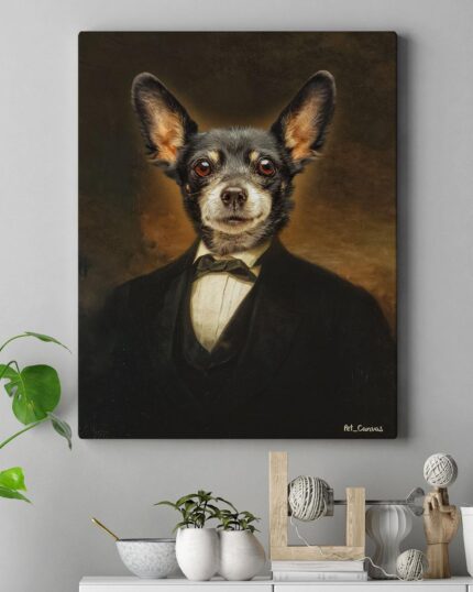 The Aristocrat - Custom Design Pet Canvas features a dog in a formal black tuxedo, displayed above a table with plants and decor. This classic portrait adds timeless charm and elegance to any space.
