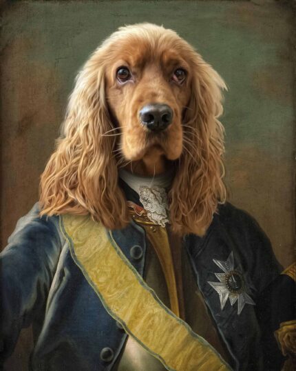 The Knight #9 - Custom Design Pet Canvas features a dog with long brown fur in royal attire, complete with sash and medals, set against a dark background—perfect for custom pet portraits.