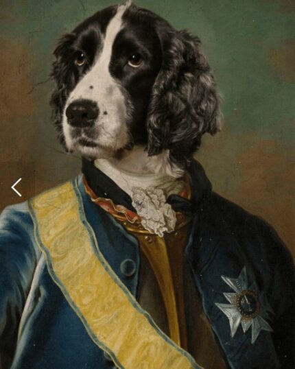 The Knight #9 - Custom Design Pet Canvas features a black and white dog in royal attire with a blue coat, yellow sash, and star—ideal for classical-style custom pet portrait lovers.