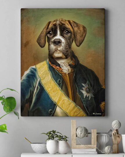 The Knight #9 - Custom Design Pet Canvas showcases a dog in royal attire, beautifully framed and placed above a modern shelf accented with plants and stylish decor.