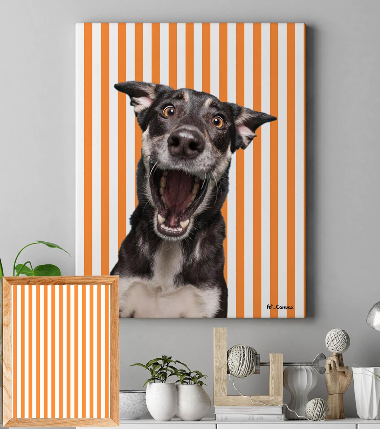 A Custom Design Pet Canvas Featuring A Happy Black And White Dog With Its Mouth Open, Set Against An Orange And White Striped Background, Hangs Above A Shelf Adorned With Plants And Decorative Objects. A custom design pet canvas featuring a happy black and white dog with its mouth open, set against an orange and white striped background, hangs above a shelf adorned with plants and decorative objects.