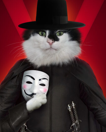 Bring home “The Vendetta - Custom Design Pet Canvas,” featuring a fluffy black-and-white cat in a hat and cape, holding a Guy Fawkes mask before a bold red “V”—a unique V for Vendetta-inspired portrait of your pet.