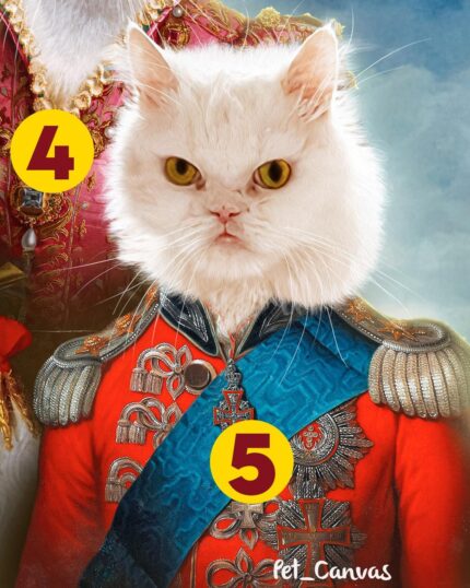 A white cat with yellow eyes, in a red and blue royal military uniform, appears on The Happy Royal Family of 5 - Custom Pet Canvas Painting. Yellow circles with the numbers 4 and 5 are featured over the personalized pet portrait design.