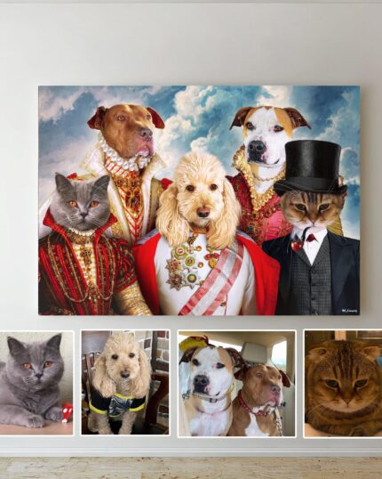 A large “The Noble Royal Family - Custom Pet Canvas” of three dogs and two cats in royal attire hangs on the wall, with four real-life photos below showing the same pets lounging in everyday settings.