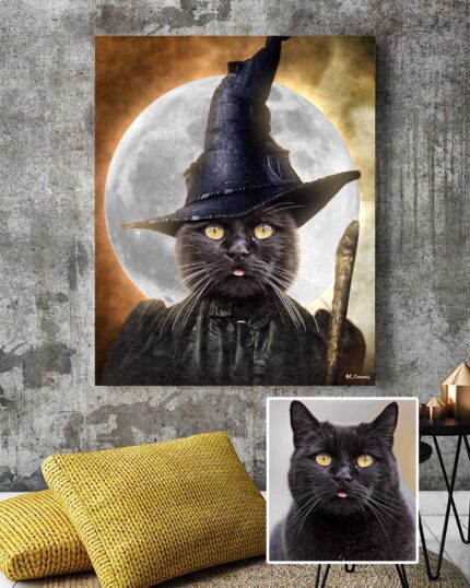 The Witch - Custom Design Pet Canvas showcases a black cat as a witch with hat, cloak, and staff before a full moon. A smaller photo displays the real cat with yellow eyes and its pink tongue out.