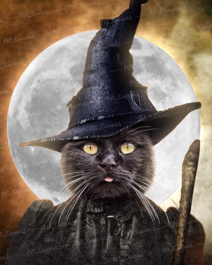 The Witch - Custom Design Pet Canvas features a black cat in a pointed witch hat and cloak before a full moon, holding a staff. Its yellow eyes and pink tongue add charm—an enchanting way to celebrate your mystical companion.
