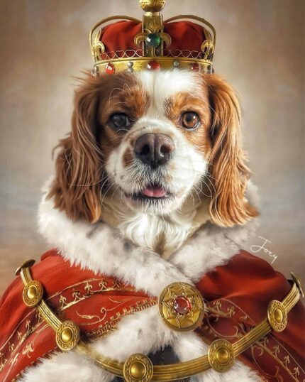 A brown and white dog in a royal red robe and jeweled crown poses regally on a neutral backdrop—an ideal subject for "The King #10 – Custom Pet Canvas.