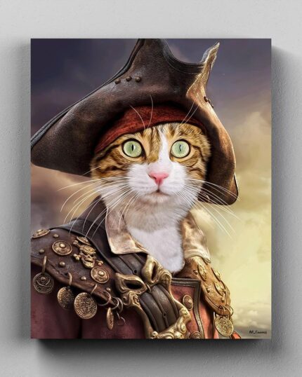 The Pirate - Custom Design Pet Canvas features a digital painting of a cat dressed as a pirate with tricorn hat, red scarf, and brown coat—ideal for canvas printing and pet portrait lovers.