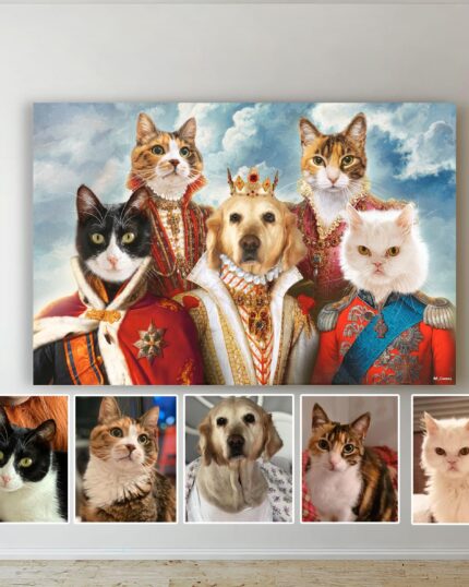 The Happy Royal Family of 5 - Custom Pet Canvas Painting showcases a regal group portrait of a dog and four cats in royal attire, with five indoor pet photos below that perfectly match each character in the canvas.