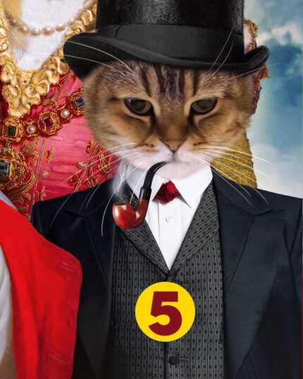 A cat with a serious look, wearing a black top hat, suit, bow tie, and ornate red and gold attire with a yellow circle featuring the number 5. Perfect for "The Noble Royal Family - Custom Pet Canvas" printing.