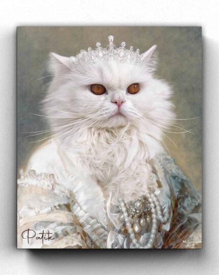 The Queen #11 - Özel Evcil Hayvan Kanvas, mücevherli taç ve inci kraliyet kıyafeti giymiş asil bir beyaz kediyi klasik bir şekilde tasvir ediyor — nötr bir arka plan üzerinde zarif kanvas baskılar için ideal.