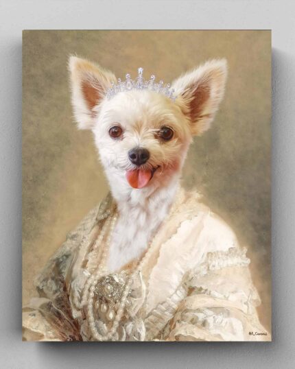Küçük, tüylü bir köpek, mücevherli bir taç ve dantel ve incilerle süslenmiş eski moda giysiler giymiş, nötr bir arka plan üzerinde "The Queen #11 - Custom Pet Canvas" adlı klasik portre tarzında poz veriyor.