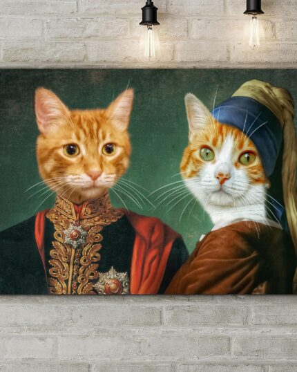The Pasha and The Girl - Multiple Portraits #19 features two cats with human bodies in classical attire, styled as old master portraits, displayed on a white brick wall under vintage light bulbs.