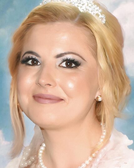 A blonde woman in a jeweled tiara, pearl necklace, and earrings smiles gently with dramatic eye makeup against a pastel background—an elegant style perfect for the Renaissance Family Portrait - Custom Pet Canvas.