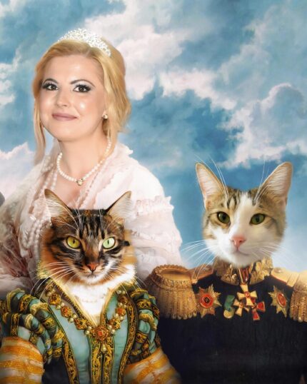 A woman in a tiara and white dress poses with two cats dressed in royal outfits against a sky backdrop—capture your pets’ unique personalities in regal style with our Renaissance Family Portrait - Custom Pet Canvas.