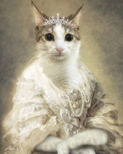 The Queen #11 - Özel Evcil Hayvan Tuvaliyle evcil hayvanınızın asil cazibesini yakalayın. Bu tuvalde, büyük gözleri ve tabby desenli, vintage tarzı dantel ve inci süslemeli bir elbise giyen, taç takan ve kraliyet portresi pozunda duran bir kedi yer alıyor. Özel evcil hayvan sanatı için ideal.