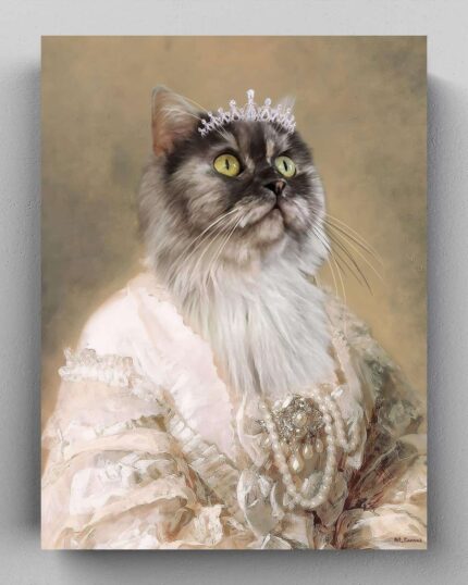 Mücevherli taç ve inci süslemeli elbise giymiş asil bir kedi, nötr bir arka planda klasik bir poz veriyor — The Queen #11 - Özel Evcil Hayvan Tuval, evcil hayvanınızı zamansız bir zarafetle onurlandırmanın mükemmel bir yoludur.