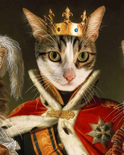 A tabby cat dressed as royalty sits upright in royal robes and a gold crown against a dark background, painted in a regal portrait style—perfect for The Princess & King & Queen - Custom Design Pet Canvas.