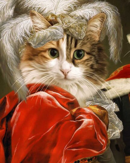 A fluffy cat with green eyes wears a red and gold robe and white feather headdress, styled like royalty—perfect for “The Princess & King & Queen - Custom Design Pet Canvas.”.