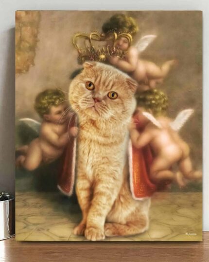 Introducing The Angel #4 - Custom Pet Canvas: a whimsical portrait of a ginger cat with a royal expression, crowned by two cherubs, blending Renaissance charm and regality in your own pet’s classical artwork.