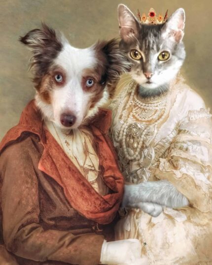 The Regal Couple #25 - Custom Pet Canvas showcases your dog in a suit and cat in a crown and lacy dress, posing regally together for a vintage-style, royal-themed unique canvas print.