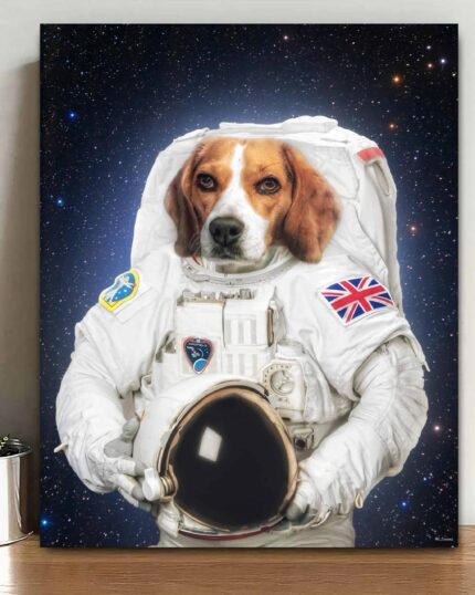 The Space Astronaut - Custom Design Pet Canvas features a beagle in a white astronaut suit with UK and mission patches, holding a helmet against a starry background. Displayed on a shelf next to a small plant.