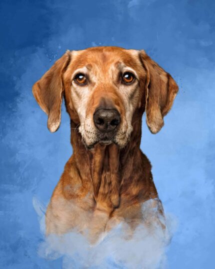 The Masterpiece Portrait - Blue features a brown dog with floppy ears and expressive eyes on a blue background, finished with soft painted effects—perfect for custom pet canvas or unique canvas printing.