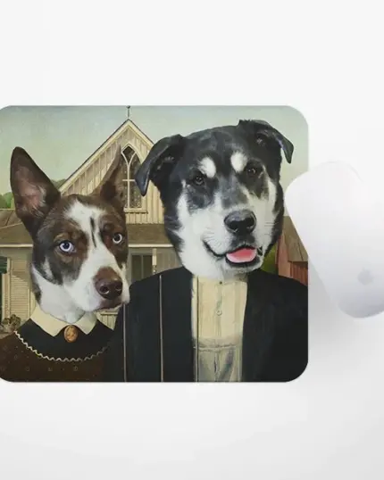 A Custom Pet Art Mouse Pad shows two dogs in vintage outfits posed like American Gothic figures, next to a white Apple mouse on a white background.