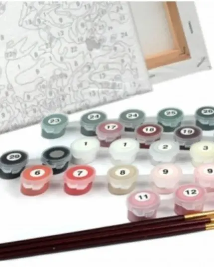 The Handmade Paint by Number Kit includes a custom pet canvas, 24 numbered paint pots, and three paintbrushes, all neatly arranged on a white surface.