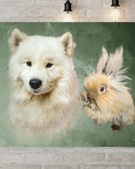 The Masterpiece Portrait - Green features a fluffy white dog and a fluffy brown rabbit on a green background, showcased as a custom pet canvas on a white brick wall with hanging lights above.