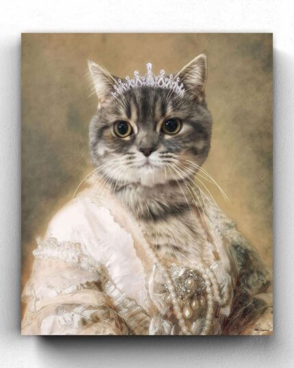 The Queen #11 - Özel Evcil Hayvan Kanvas, evcil hayvanınızı 18. yüzyıl kraliyet mensubu olarak tasvir eder; inci ve elmas taç ve dantel süslemeli elbise giymiş halini gösterir. Benzersiz kanvas baskı veya eşsiz evcil hayvan dekorasyonu için mükemmeldir.