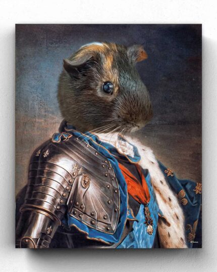 The Knight #2 - Custom Pet Canvas features a digital artwork of a guinea pig in royal armor and a blue cape, styled like an 18th-century portrait—ideal for showcasing your pet’s noble side with custom canvas printing.