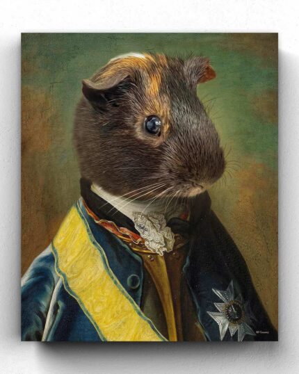 A guinea pig with brown and tan fur in aristocratic attire with sash and medals poses in a formal portrait, ideal for custom pet canvas printing. Featuring The Knight #9 - Custom Design Pet Canvas against an elegant painted backdrop.