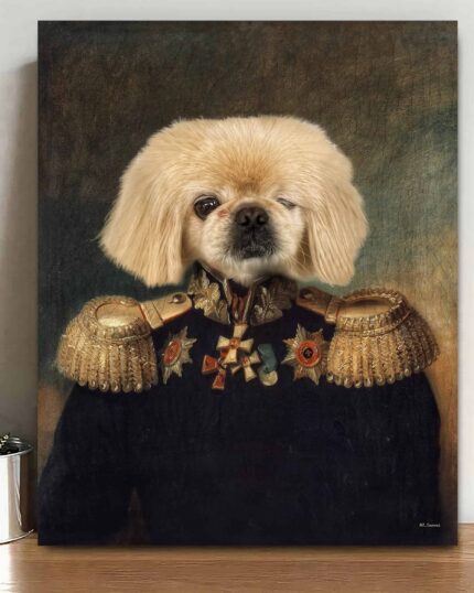 The General #16 - Custom Design Pet Canvas showcases a small fluffy dog in a classical military uniform with gold epaulettes and medals, posed elegantly against a dark textured background.