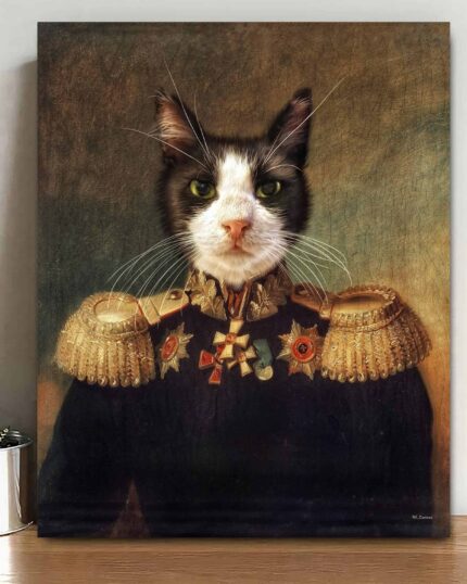 The General #16 - Custom Design Pet Canvas features a black and white cat in an ornate military uniform with medals and epaulets, displayed on a wooden surface next to a small potted plant.