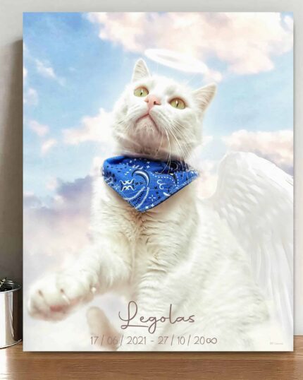 A white cat with a blue bandana and angel wings is shown against a cloudy sky, with "Legolas" and the dates 17/06/2021 - 27/10/2020 featured on The Angel #2 - Custom Design Pet Canvas.