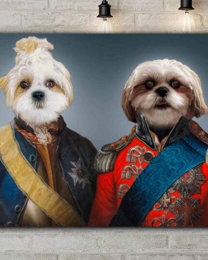 The Gentleman and General #23 - Custom Pet Canvas features two small dogs in historical military uniforms on a gray background, displayed on a white brick wall with lights—adding charm and whimsy to any space.