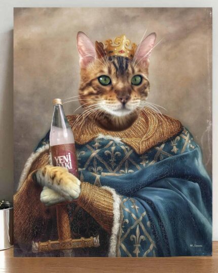 The King #1 - Custom Design Pet Canvas Painting features your pet as regal royalty, dressed in majestic clothing and holding a sword and a YENI RAKI bottle, blending realism with whimsical fantasy for a unique portrait.
