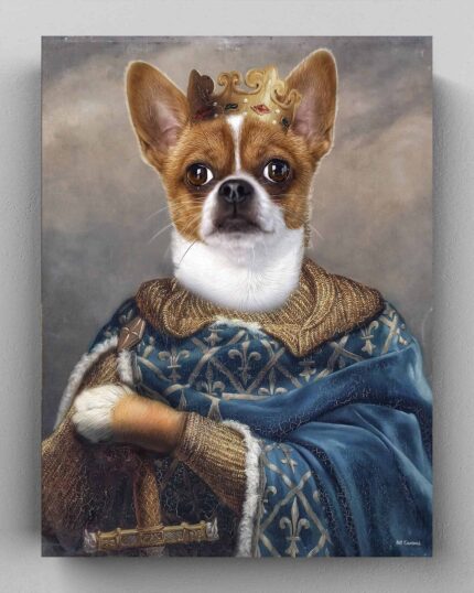 A small brown and white dog in a royal crown and blue, gold-trimmed robe poses regally with a sword—a classic king portrait for “The King #1 - Custom Design Pet Canvas Painting,” perfect for custom or elegant canvas printing.