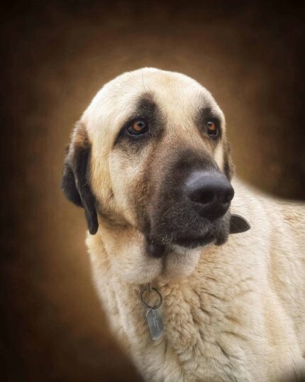 A large, light tan dog with dark ears and a black snout looks to the side, its thick coat and collar captured on the Masterpiece Portrait - Dark Brown canvas against a soft, blurry brown background.