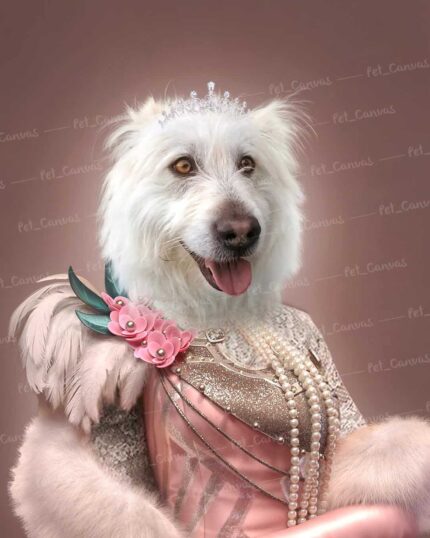 The Royal Queen #14 - Custom Design Pet Canvas features a white fluffy dog in a vintage tiara, pearls, pink flowers, feathers, and satin against a muted pink background—ideal for adding royal charm to your décor.